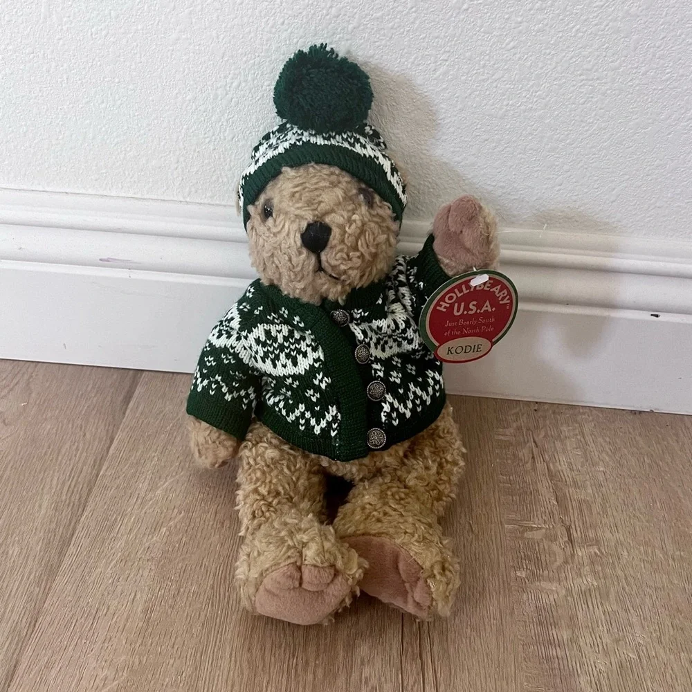 Vintage Christmas Tan Bear Plush in Sweater Holiday Stuffed Animal Kodie NWT